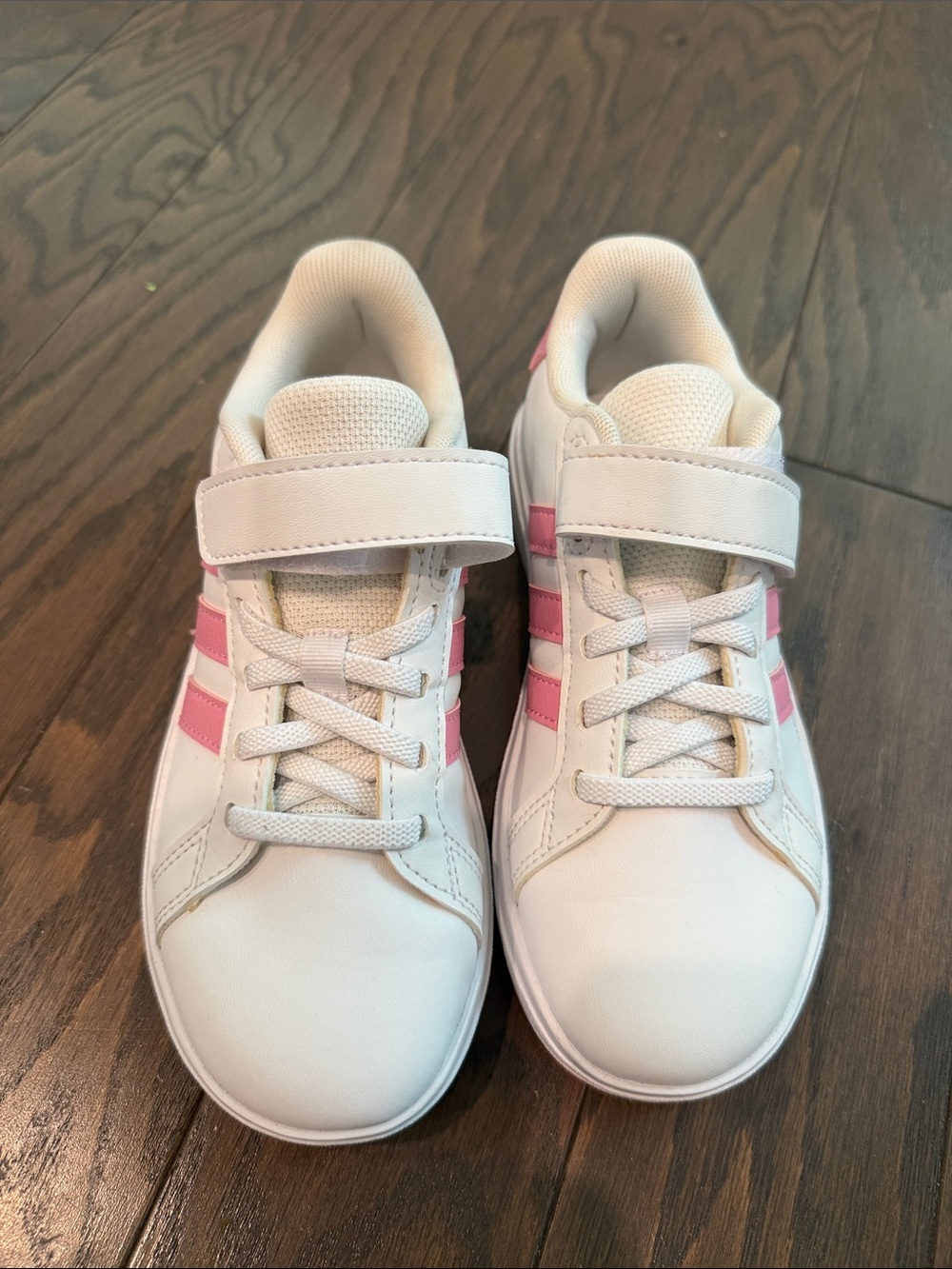 adidas Kids White Sneakers with Pink Stripes and Velcro
